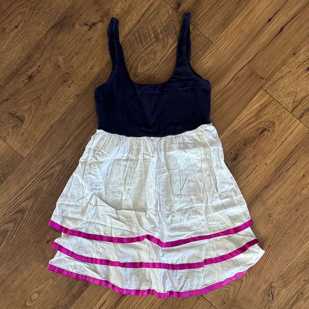 Chic Navy and White Anthropology Pinkerton Mini Dress with Pink Trim
